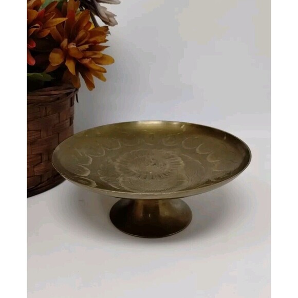 Vintage Engraved Etched Brass‎ Pedestal Bowl Floral Pattern Made in India S.22nj - Picture 1 of 10